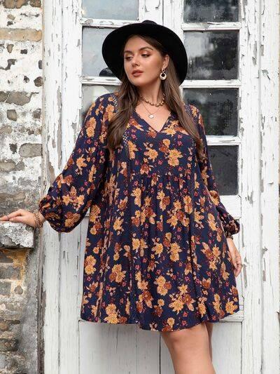 Plus Size Floral V-Neck Balloon Sleeve Dress - Clothes For Her Online Store