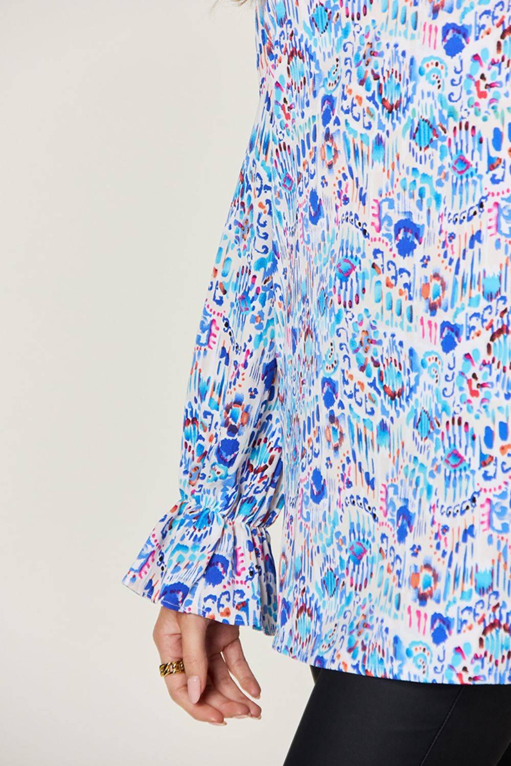 Double Take Full Size Printed Flounce Sleeve Blouse - Clothes For Her Online Store