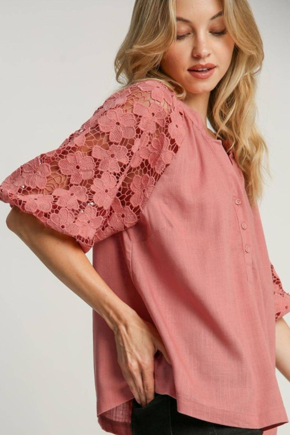 Umgee Full Size Lace Puff Sleeve Top Plus Size - Clothes For Her Online Store