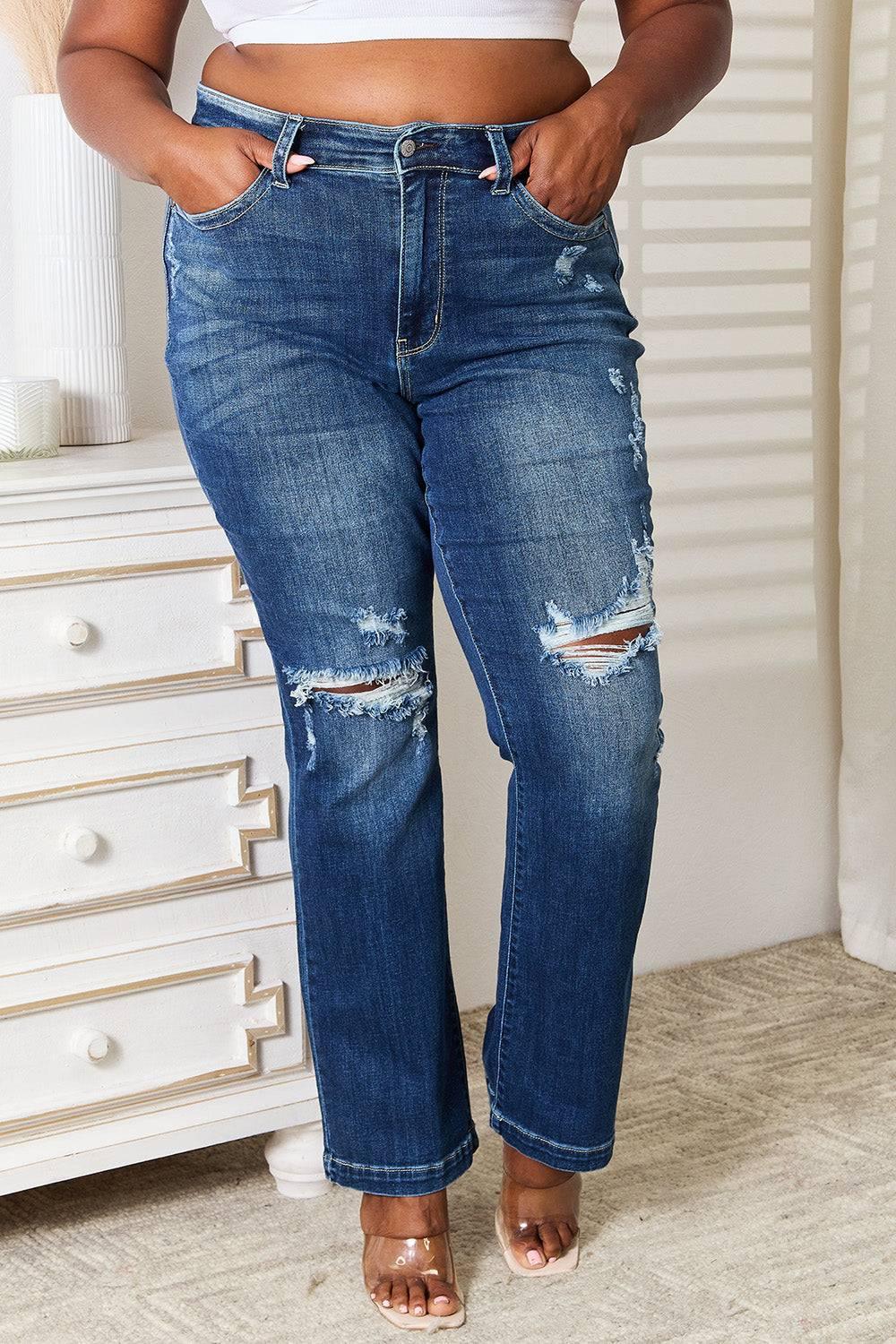 Judy Blue Full Size Mid Rise Hand Sand & Destroy Bootcut Jeans - Clothes For Her Online Store