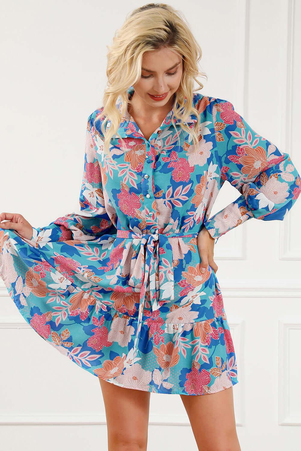 Floral Tie Waist Lantern Sleeve Ruffled Hem Mini Dress - Clothes For Her Online Store