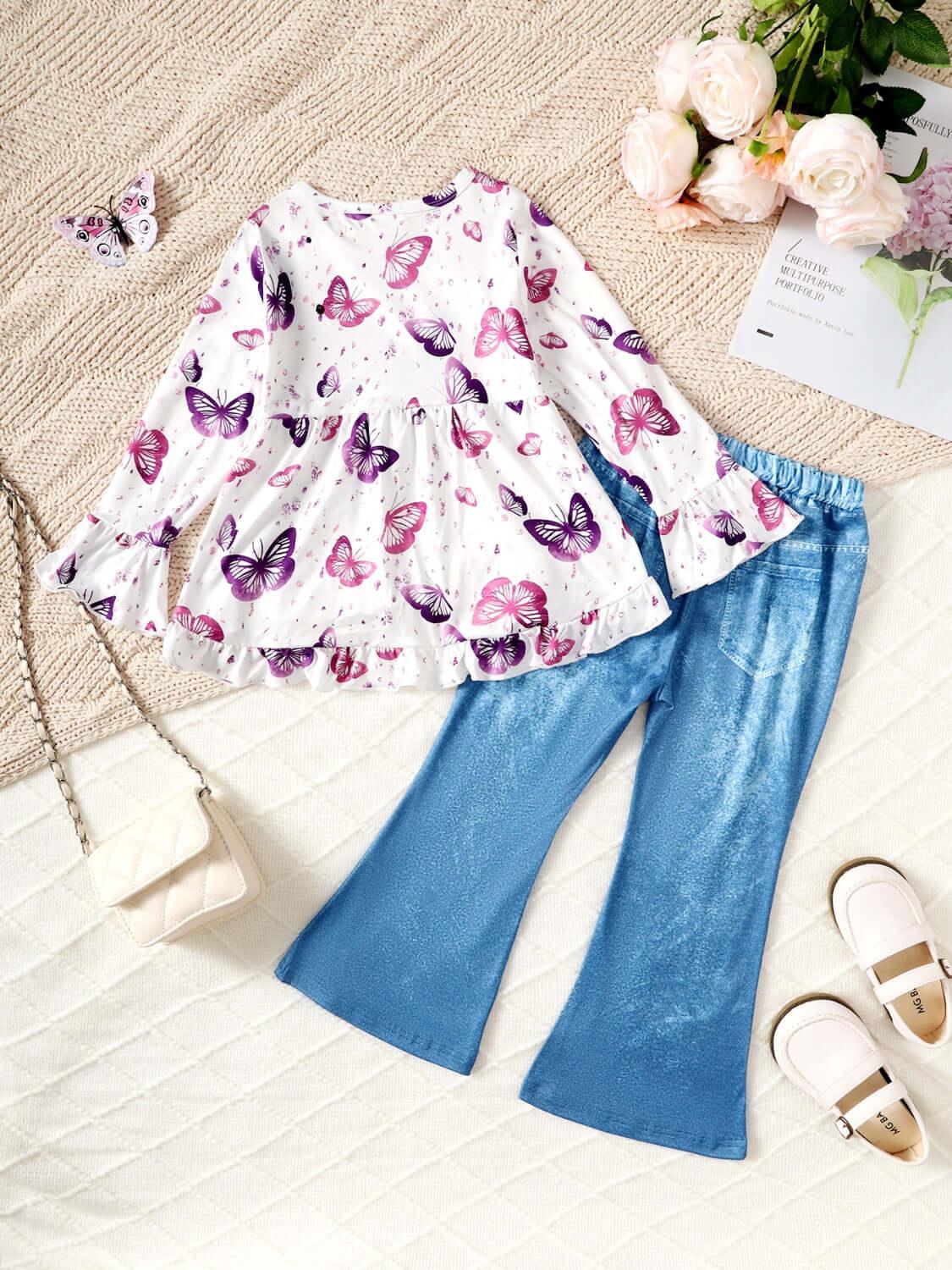 Children's Butterfly Print Top and Flare Pants Set - Clothes For Her Online Store
