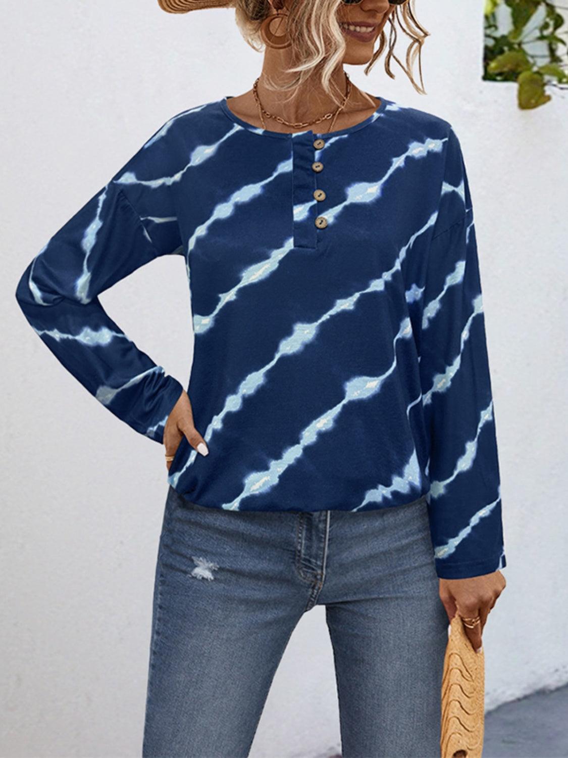 Striped Round Neck Long Sleeve T-Shirt - Clothes For Her Online Store