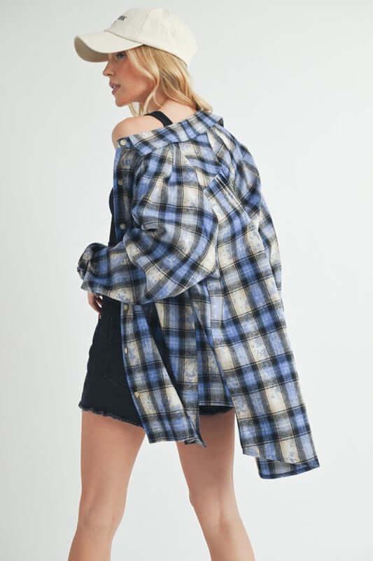 Aemi + Co Washed Plaid Button Up Raglan Sleeve Flannel Shirt - Clothes For Her Online Store