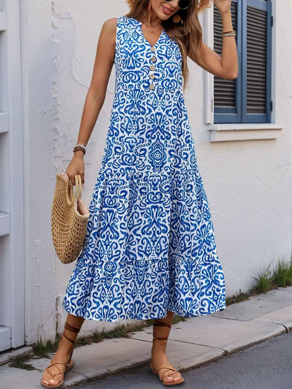 Perfee Decorative Button Printed Notched Sleeveless Midi Dress - Clothes For Her Online Store