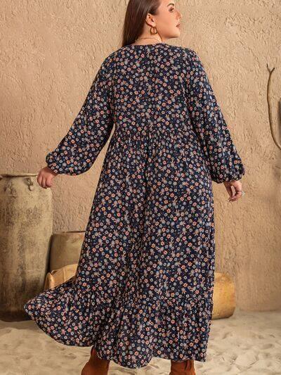 Plus Size Printed V-Neck Balloon Sleeve Dress - Clothes For Her Online Store