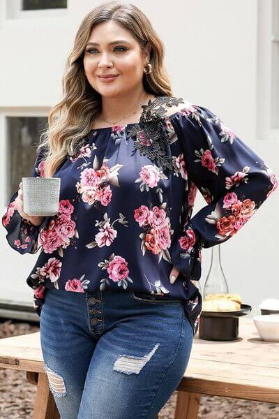 Plus Size Floral Flounce Sleeve Blouse - Clothes For Her Online Store