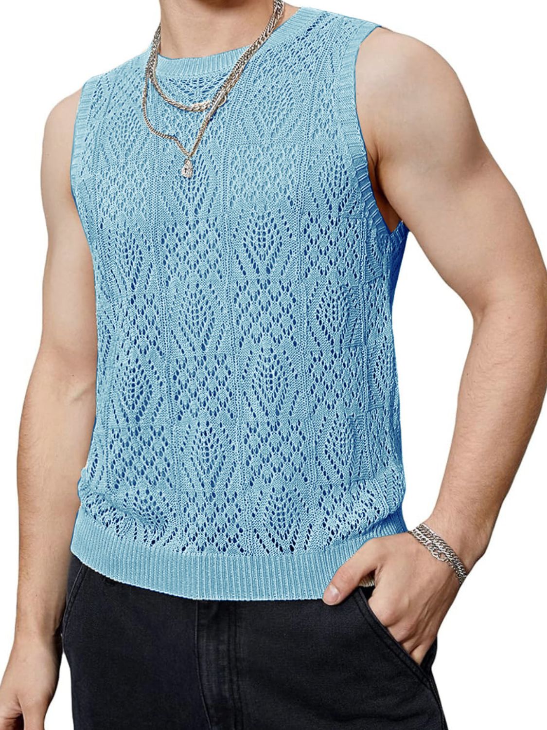 Men's Openwork Round Neck Tank - Clothes For Her Online Store