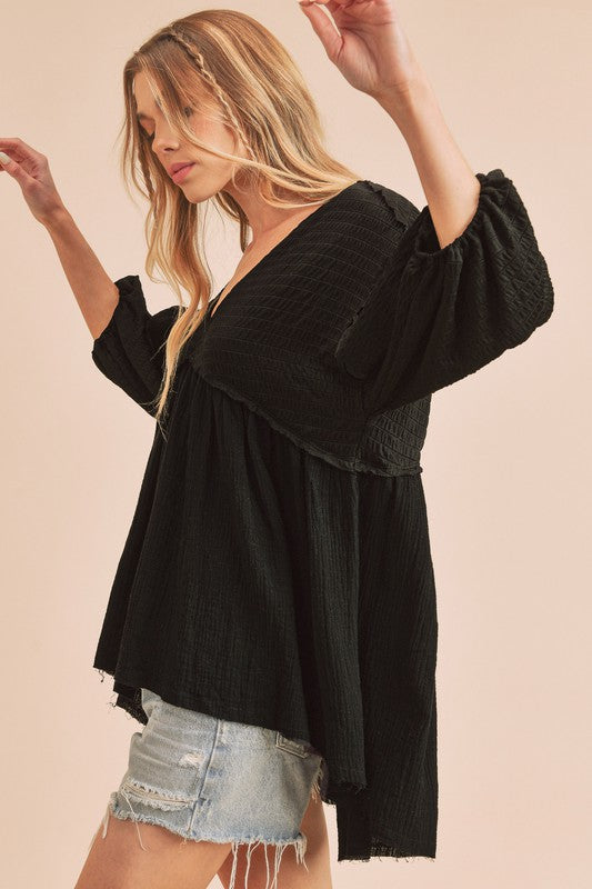 Aemi + Co High-Low Frayed Hem V-Neck Blouse - Clothes For Her Online Store