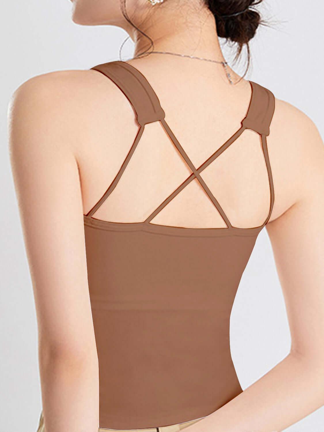 Crisscross Scoop Neck Wide Strap Cropped Tank with Chest Pads - Clothes For Her Online Store