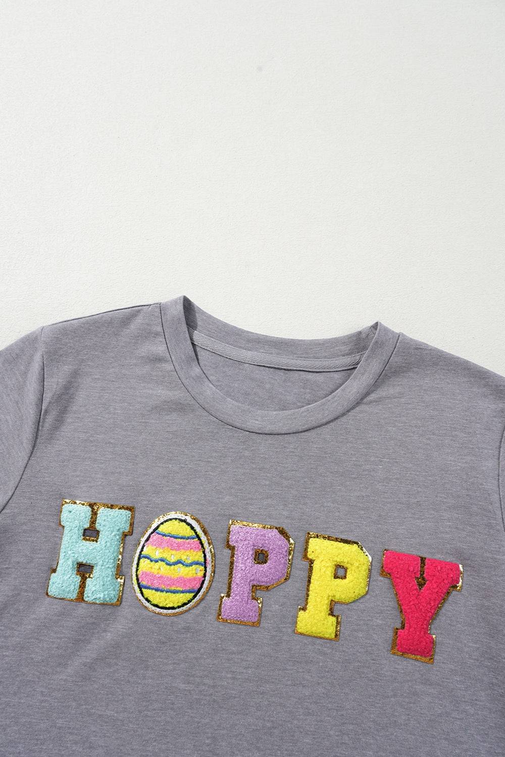 HOPPY Chenille Patch Round Neck Short Sleeve T-Shirt - Clothes For Her Online Store