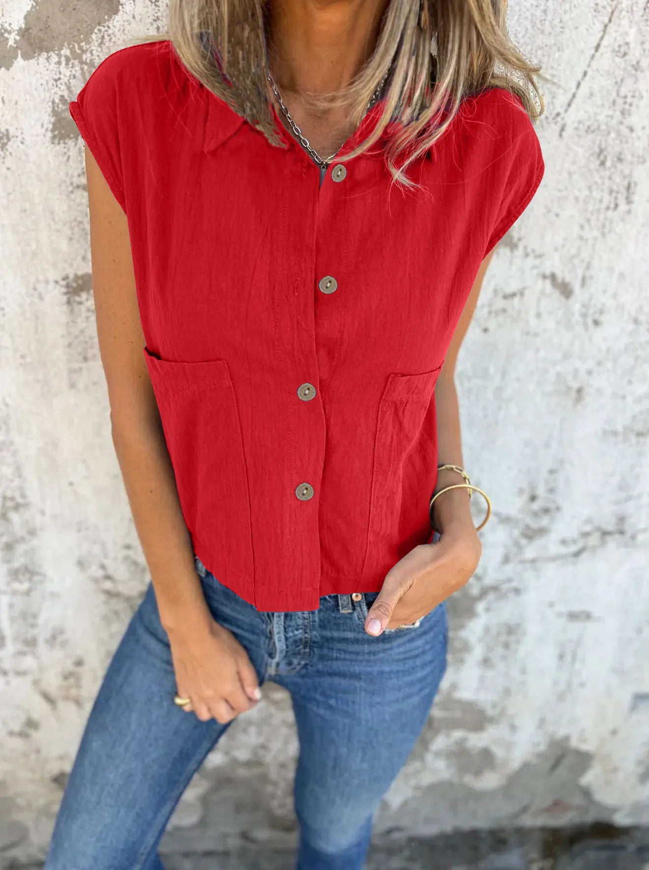 Full Size Button Down Cap Sleeve Linen Shirt Plus Size