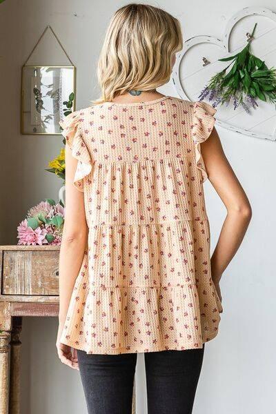 Heimish Full Size Butterfly Short Sleeve Round Neck Ditsy Floral Print Tiered Top Plus Size - Clothes For Her Online Store