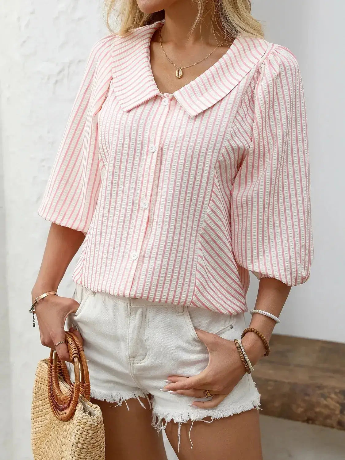 Striped Button Down 3/4 Sleeve Shirt - Clothes For Her Online Store