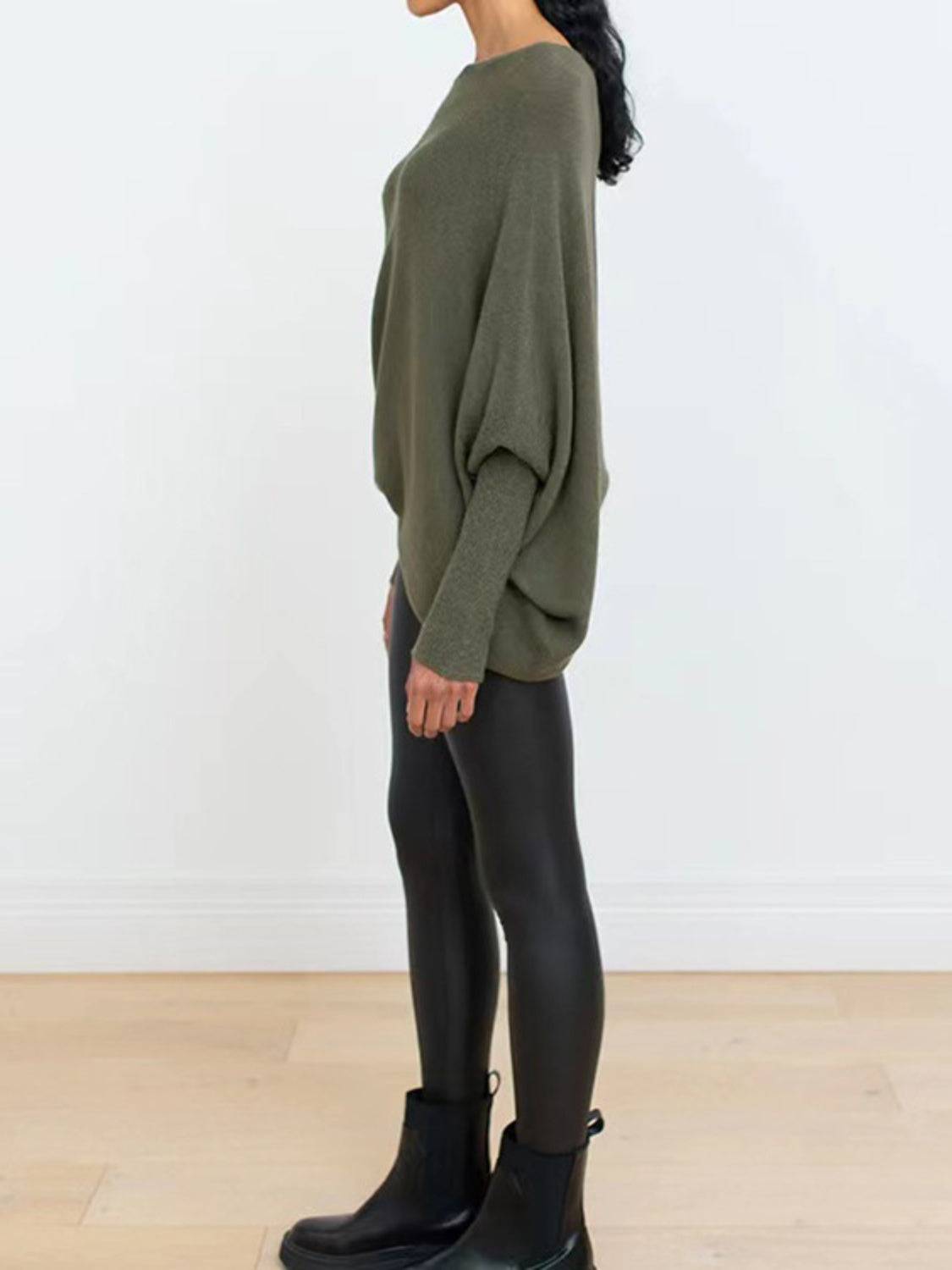 Full Size Boat Neck Batwing Sleeve Knit Top - Clothes For Her Online Store