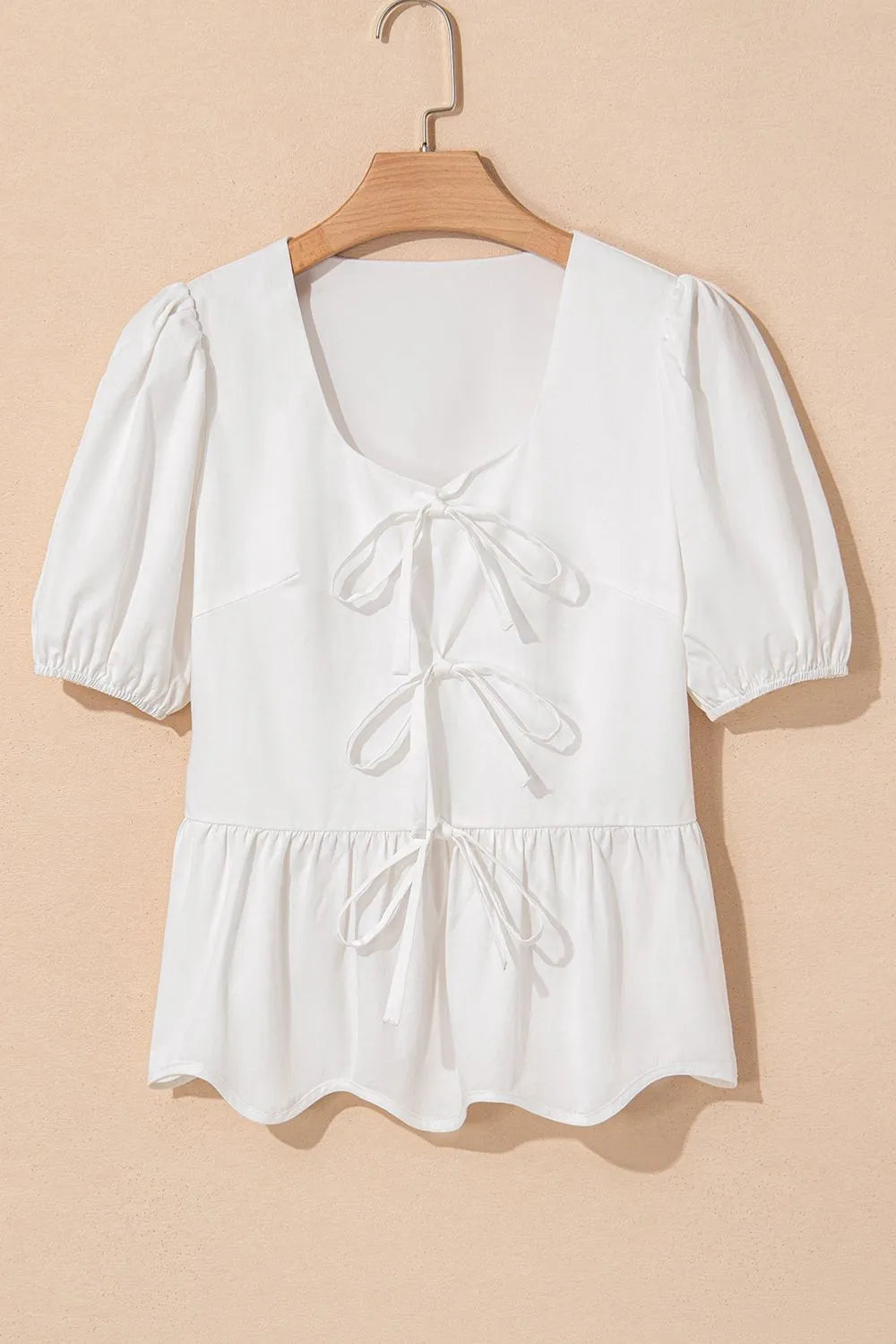 Bow Knot Decor Square Neck Puff Sleeve Peplum Top