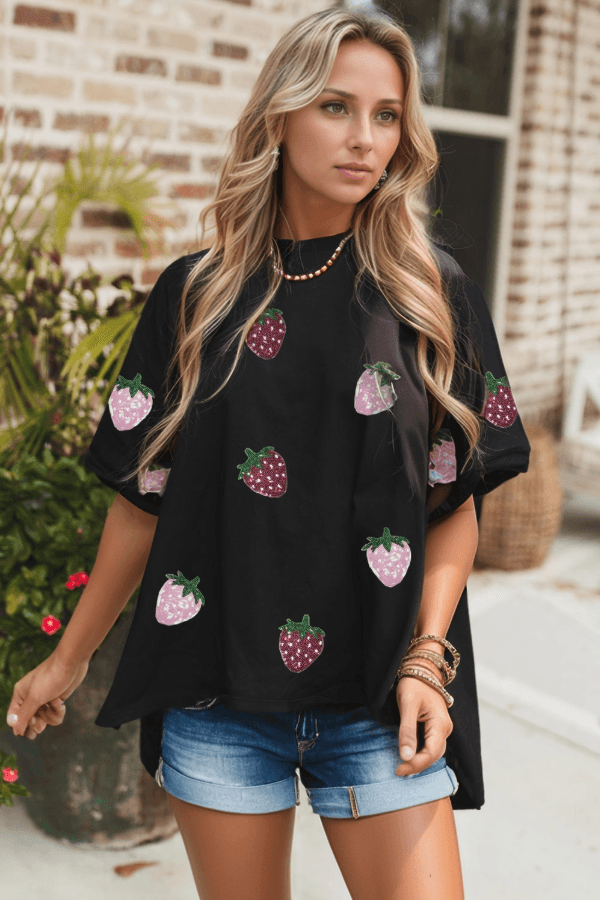 Sequin Strawberry High Low Half Sleeve Relaxed Fit T-Shirt - Clothes For Her Online Store