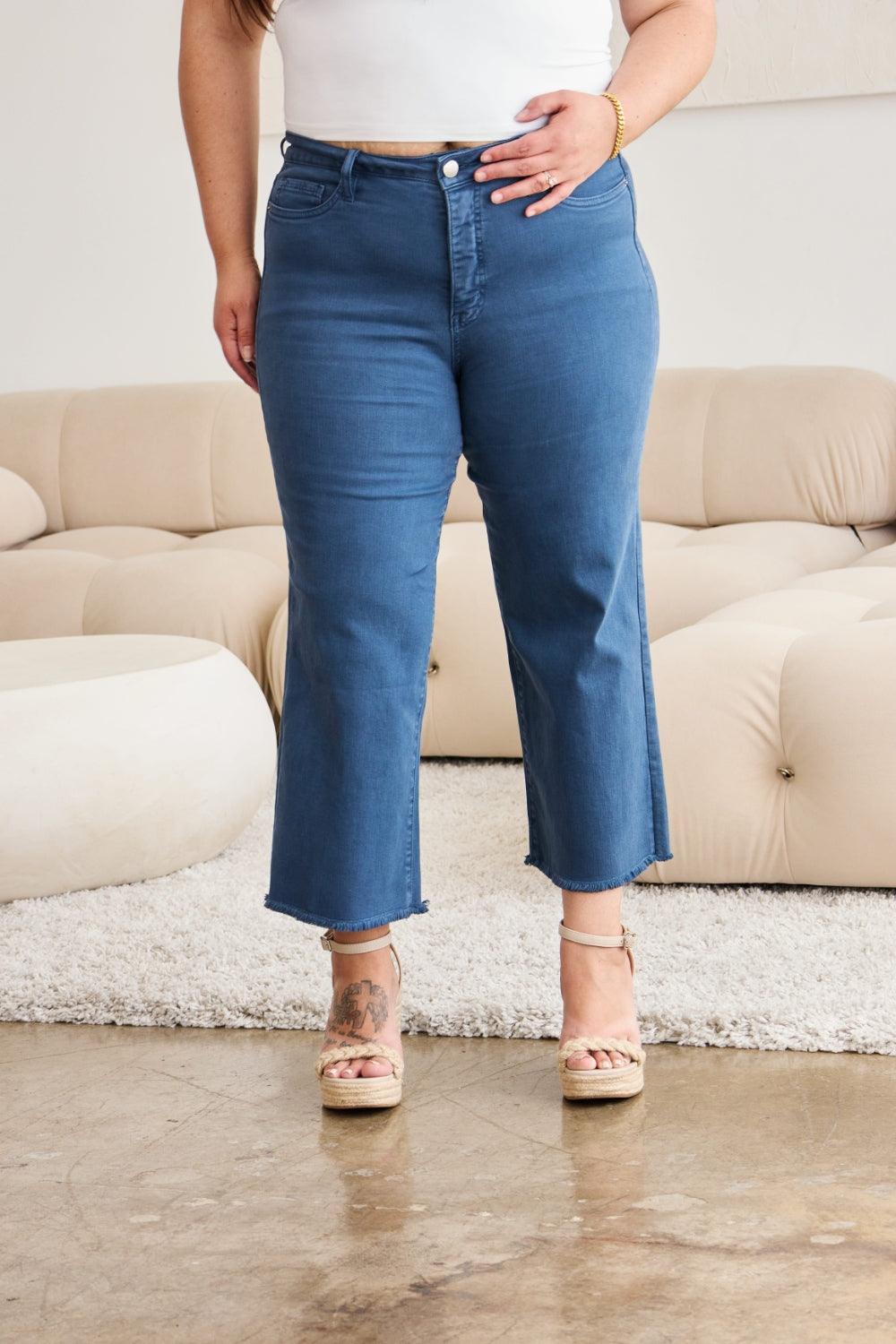 RFM Crop Chloe Full Size Tummy Control High Waist Raw Hem Jeans - Clothes For Her Online Store