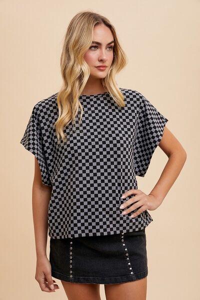 Annie Wear Checkered Round Neck Short Sleeve T-Shirt - Clothes For Her Online Store