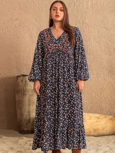 Plus Size Printed V-Neck Balloon Sleeve Dress - Clothes For Her Online Store