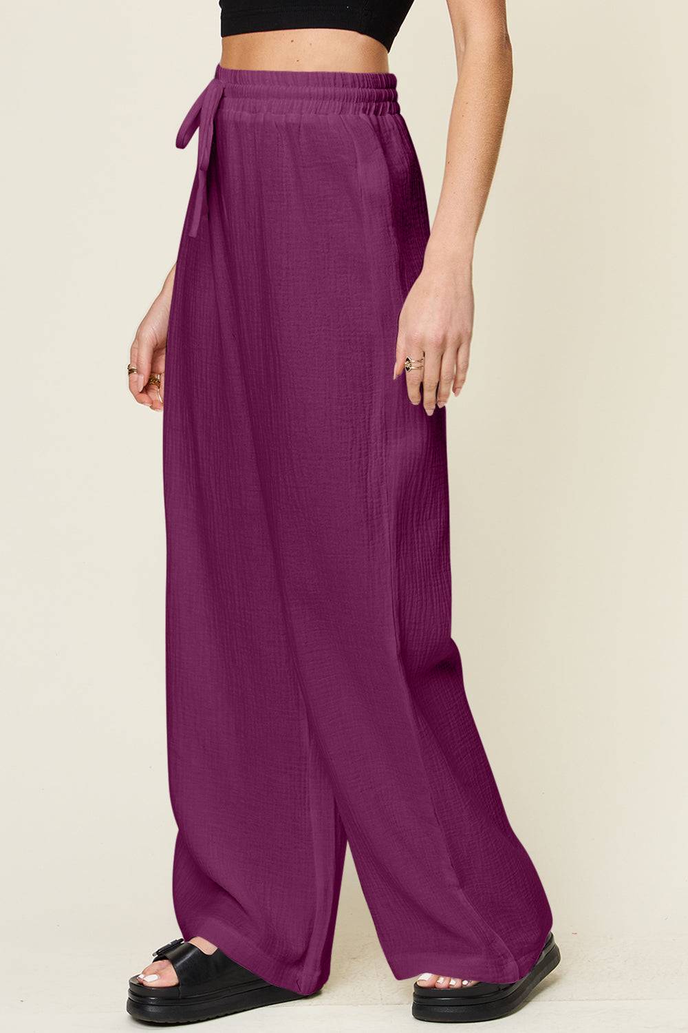 Double Take Full Size Texture Drawstring Wide Leg Pants - Clothes For Her Online Store