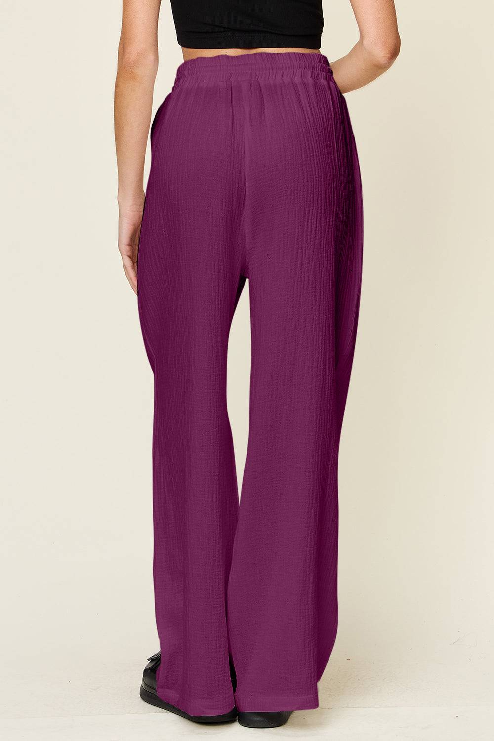 Double Take Full Size Texture Drawstring Wide Leg Pants - Clothes For Her Online Store