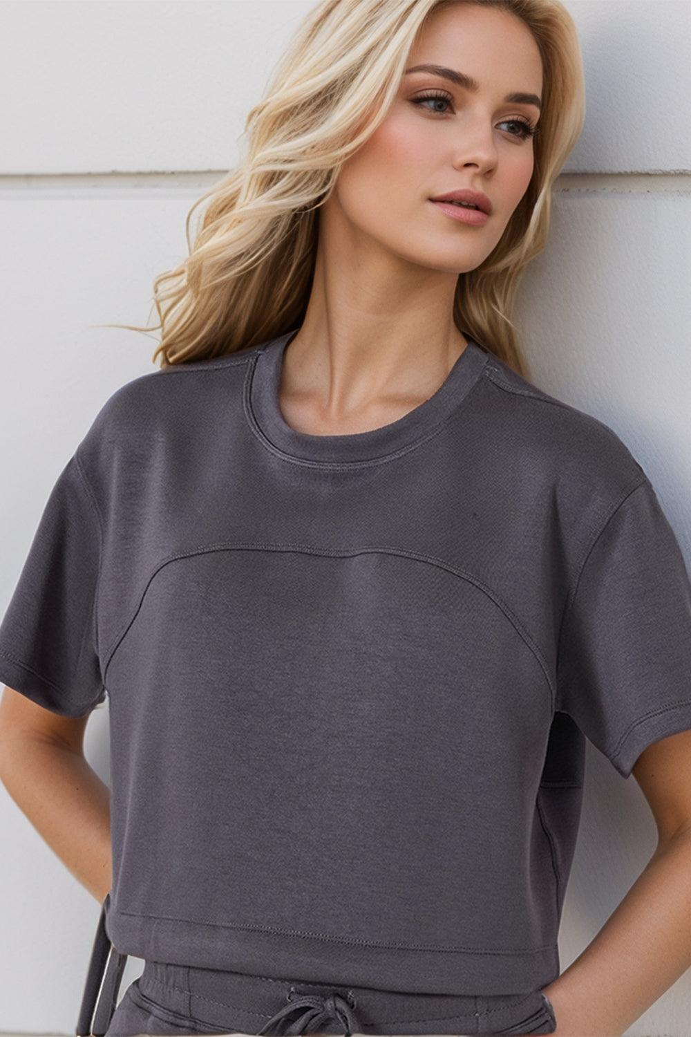 Basic Bae Drawstring Hem Air Scuba Round Neck Short Sleeve T-Shirt - Clothes For Her Online Store