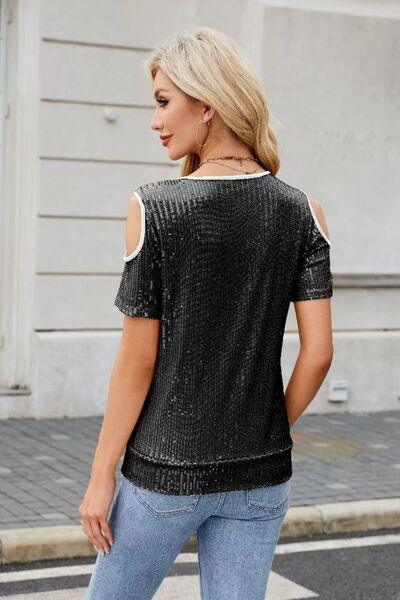 Sequin Crisscross V-Neck Cold Shoulder Blouse - Clothes For Her Online Store