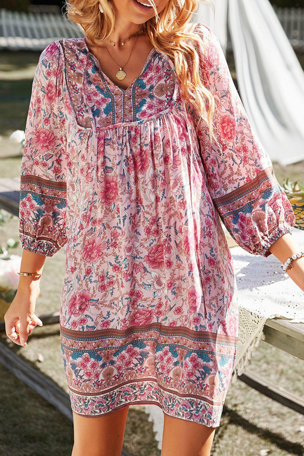 Devine Printed Tie Neck Mini Dress - Clothes For Her Online Store