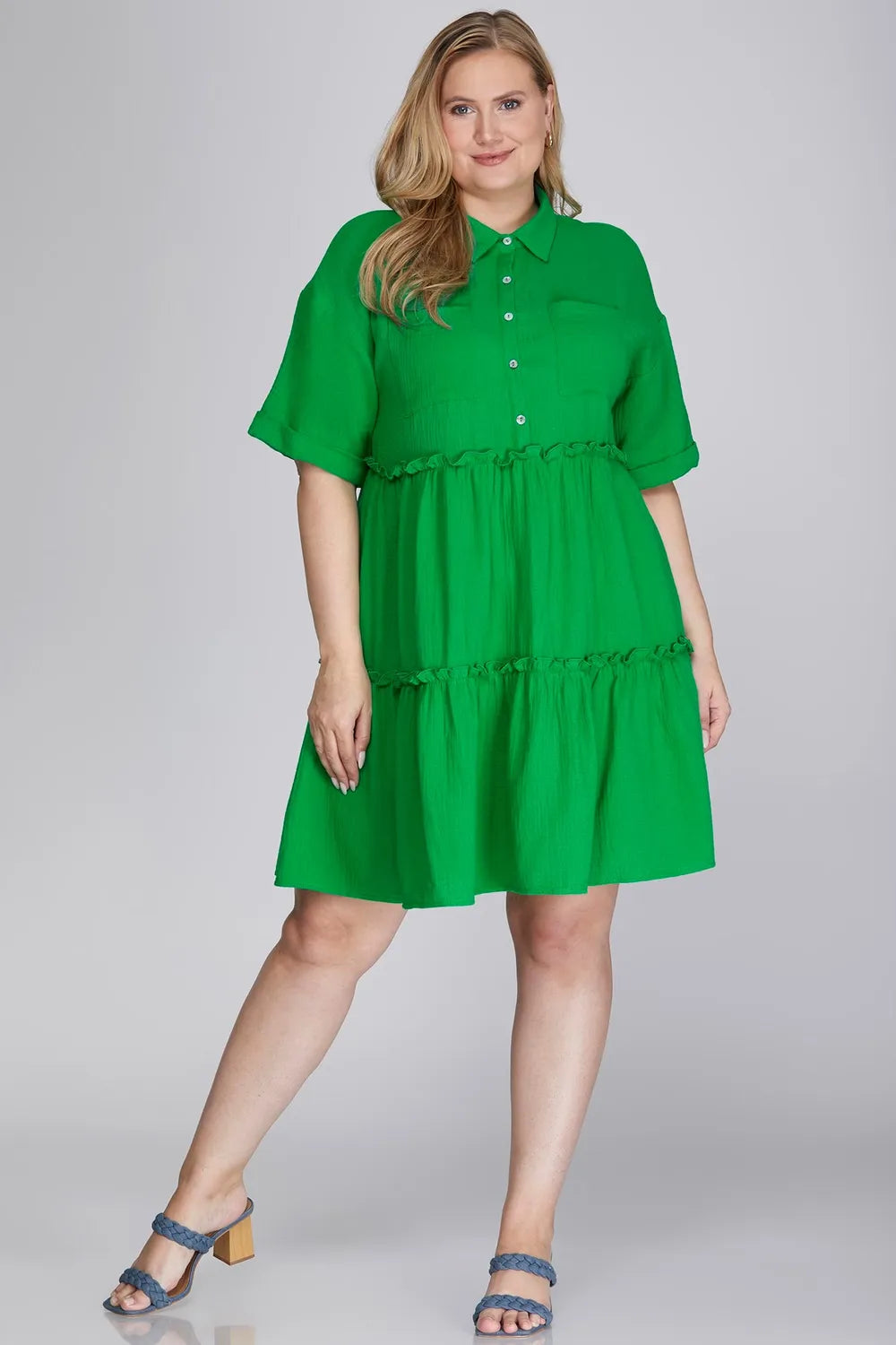 She + Sky Full Size Button Front Frill Tiered Mini Dress Plus Size