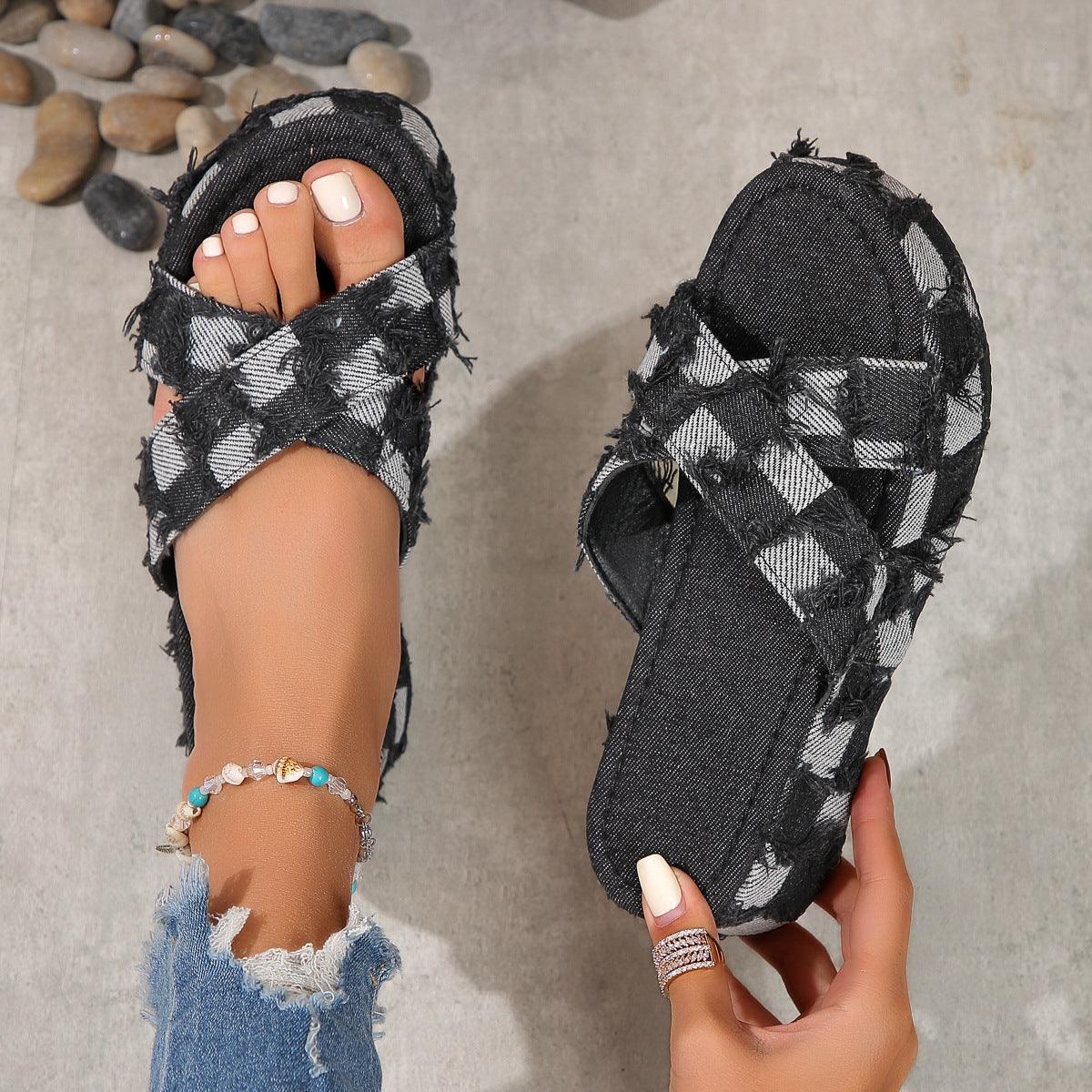Checkered Raw Hem Open Toe Platform Sandals - Clothes For Her Online Store
