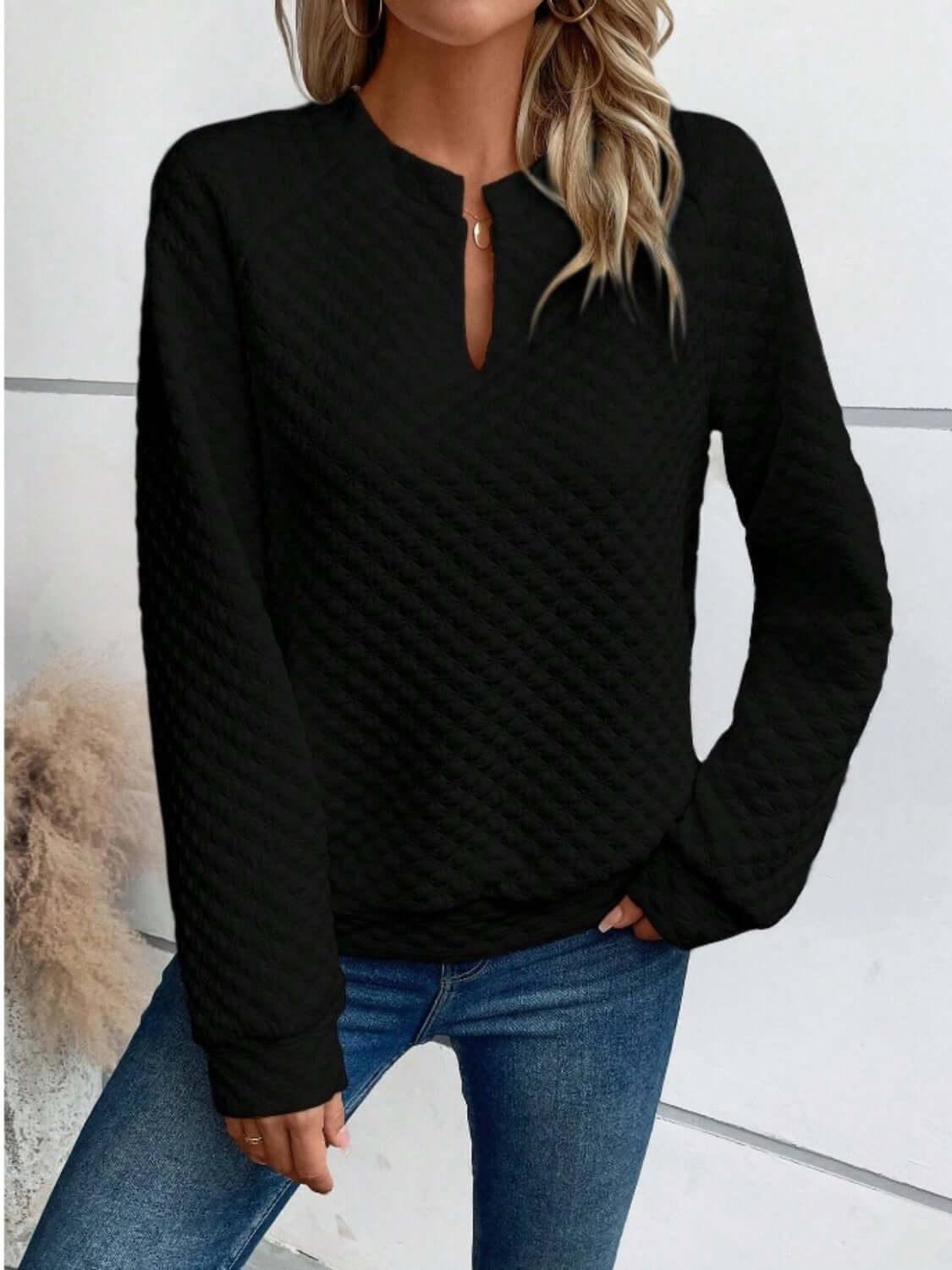 Notched Long Sleeve Sweatshirt - Clothes For Her Online Store