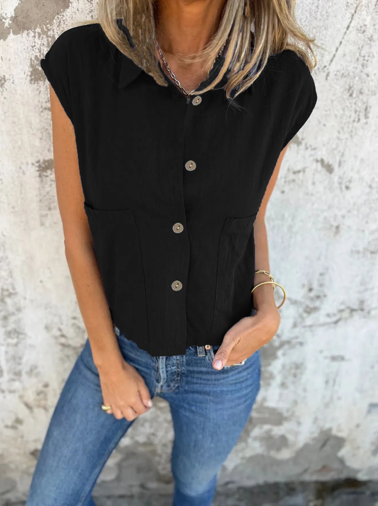 Full Size Button Down Cap Sleeve Linen Shirt Plus Size