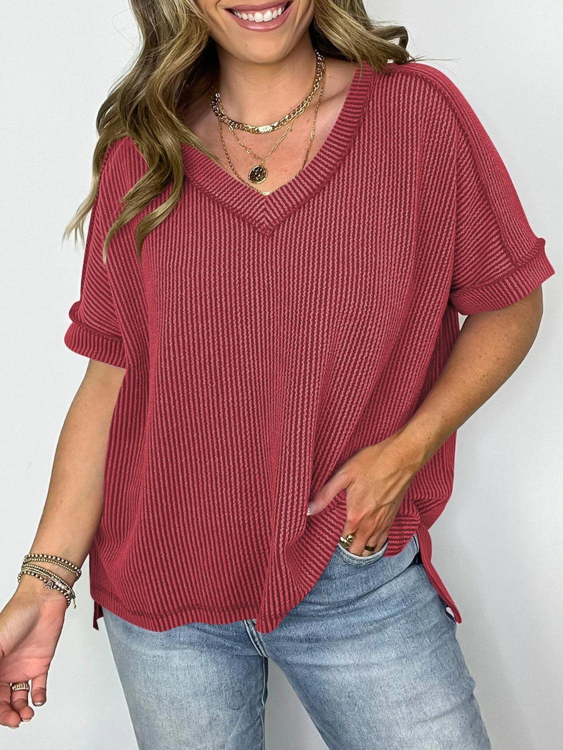 Cord Ribbed V-Neck Short Sleeve T-Shirt - Clothes For Her Online Store