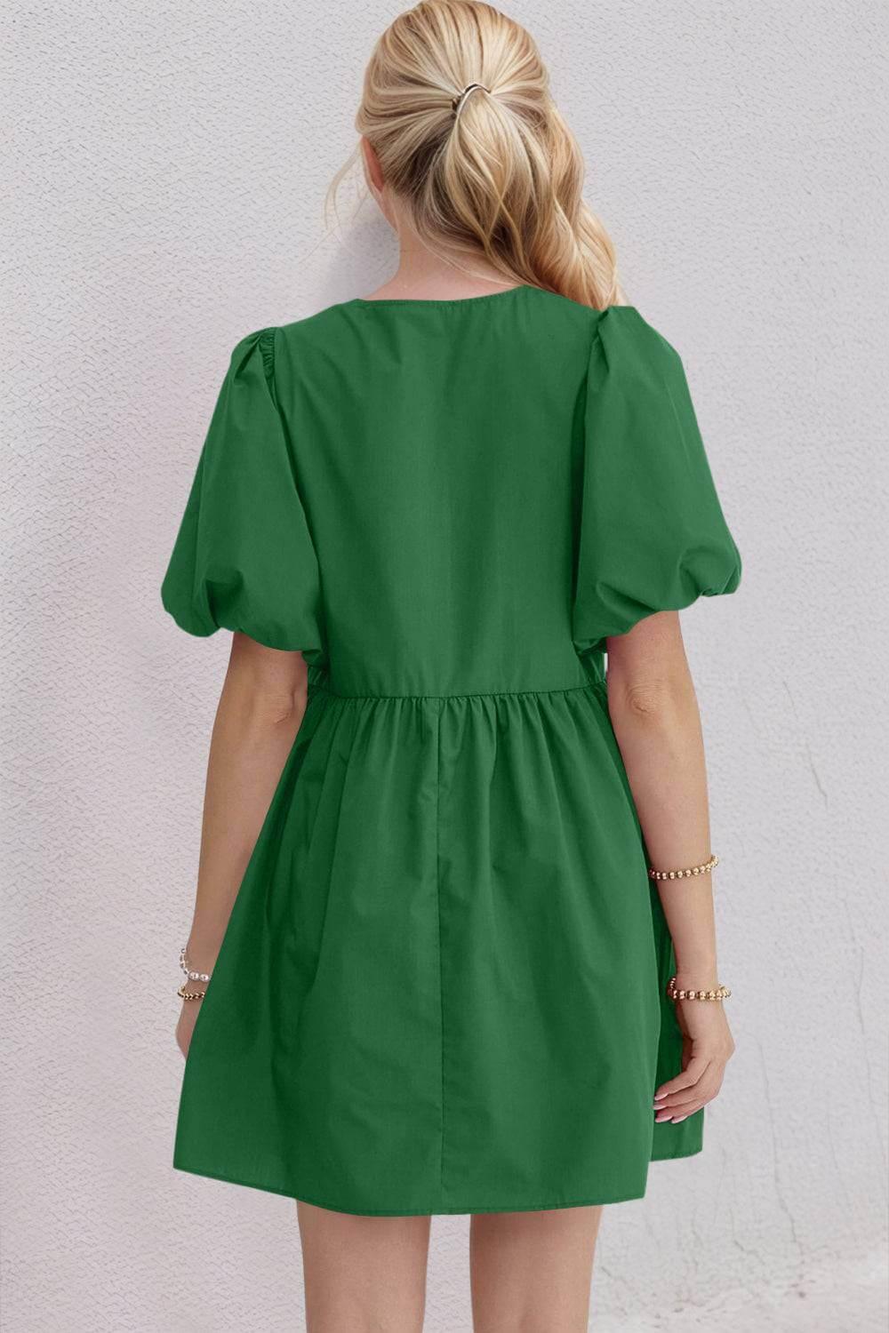 Oh Bow Ruched Puff Sleeve Mini Dress - Clothes For Her Online Store