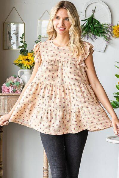 Heimish Full Size Butterfly Short Sleeve Round Neck Ditsy Floral Print Tiered Top Plus Size - Clothes For Her Online Store