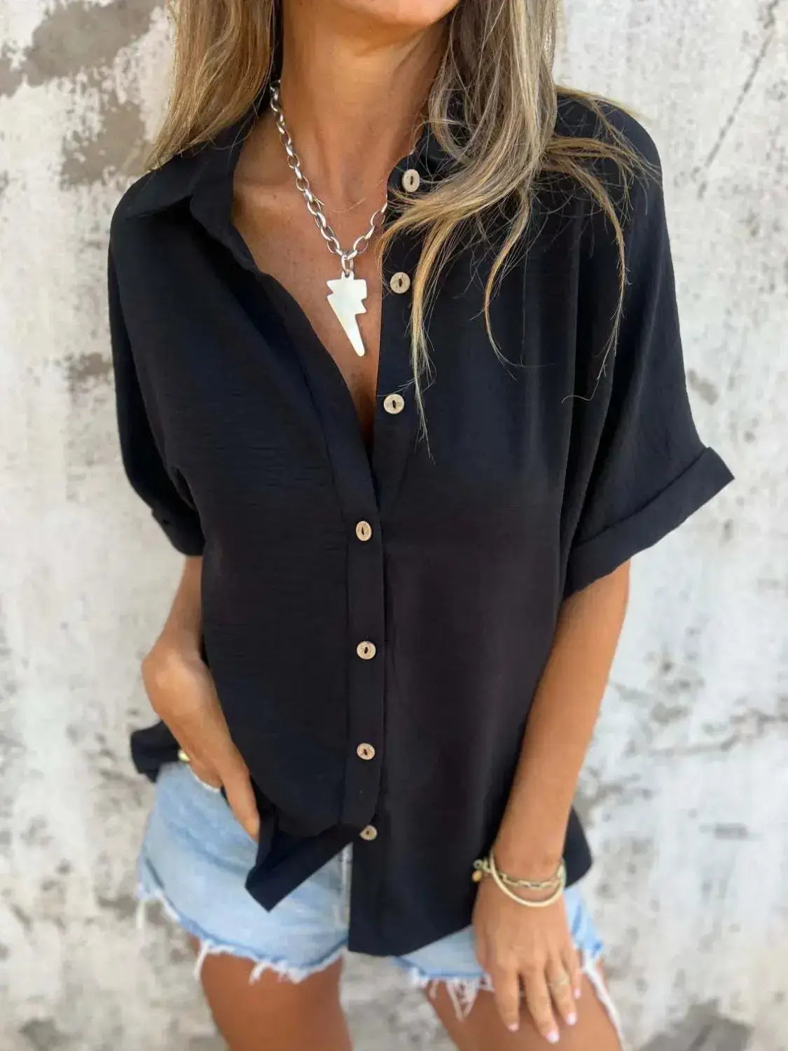 Full Size Collared Neck Half Sleeve Shirt Plus Size - Clothes For Her Online Store