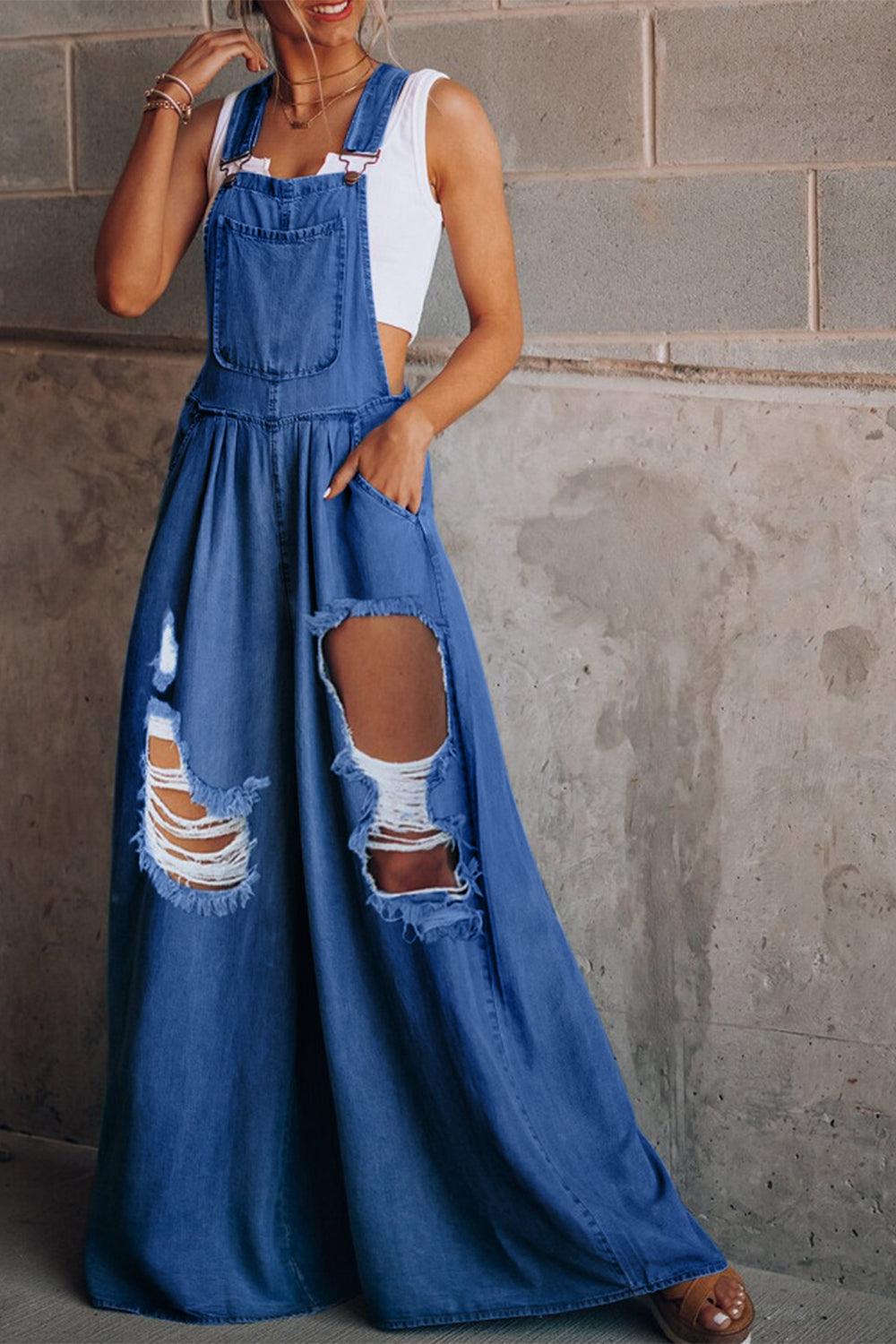 Distressed Wide Leg Denim Overalls - Clothes For Her Online Store