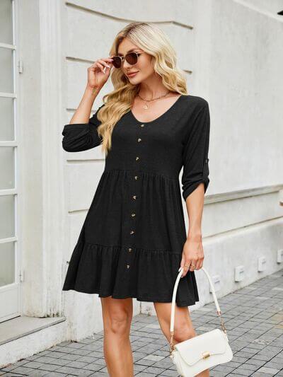 Tiered Ruched V-Neck Mini Dress - Clothes For Her Online Store