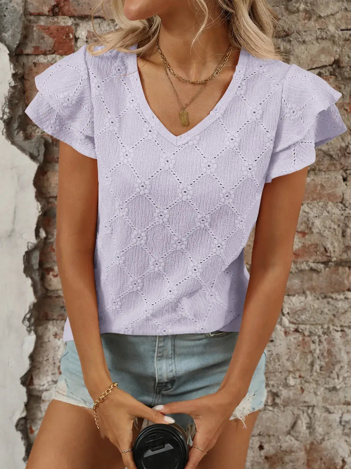 Eyelet V-Neck Ruffled Cap Sleeve Top - Clothes For Her Online Store