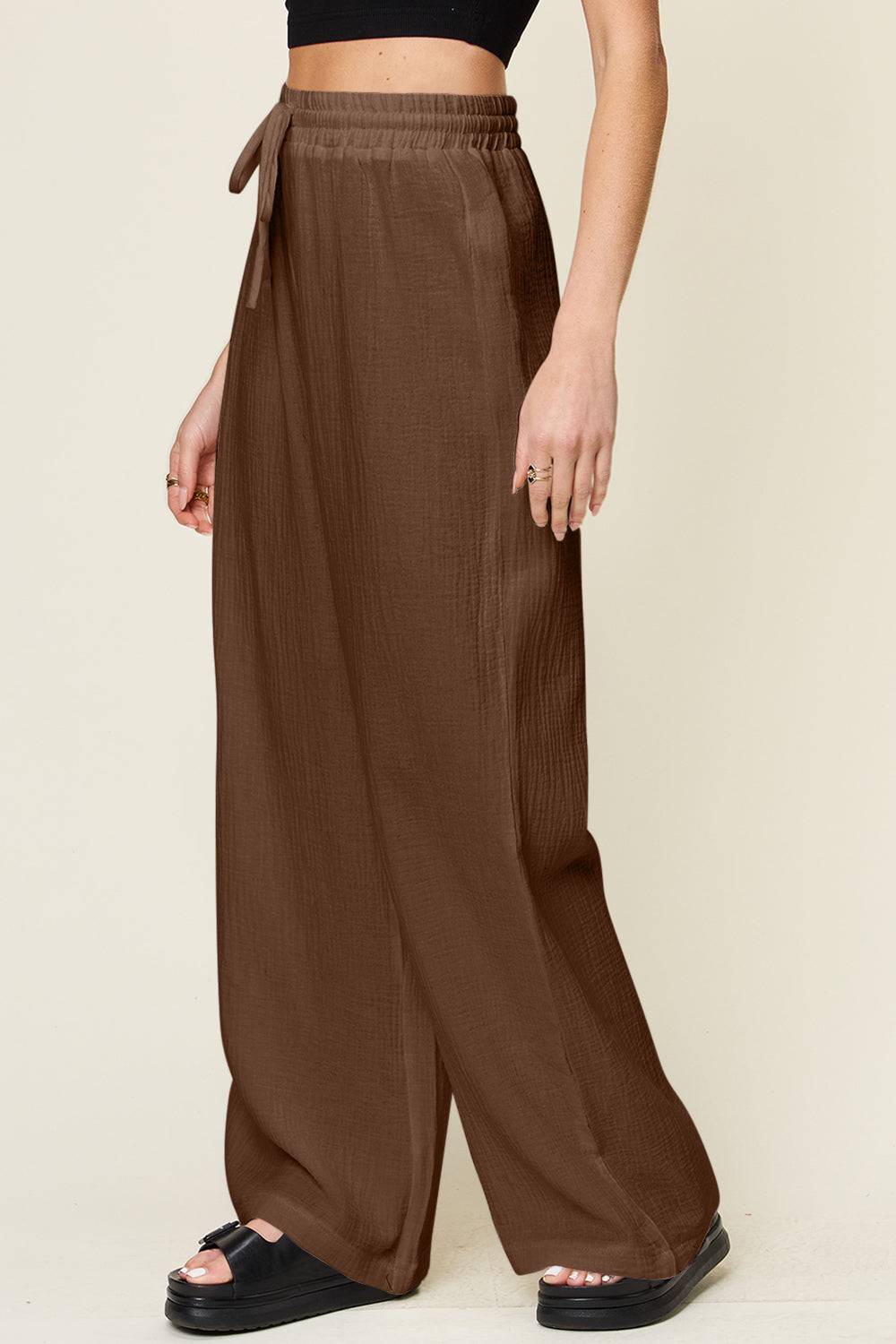 Double Take Full Size Texture Drawstring Wide Leg Pants - Clothes For Her Online Store