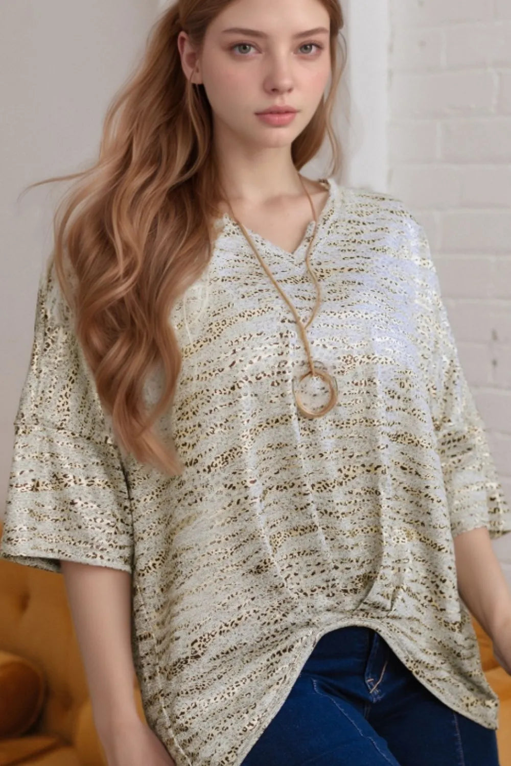 Leopard Print Half Sleeve V Neck Loose Fit T Shirt