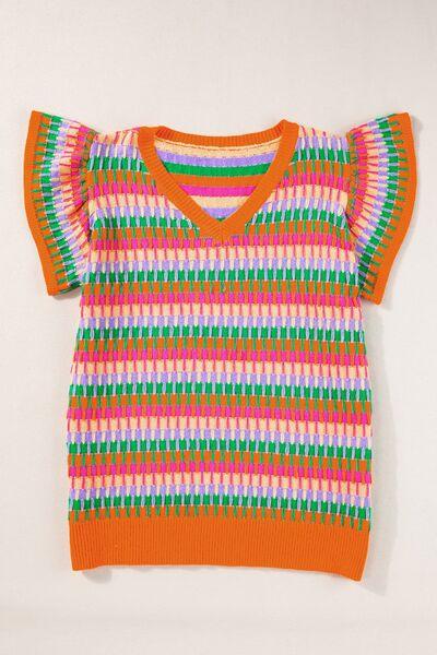 Contrast Striped V-Neck Knit Top - Clothes For Her Online Store