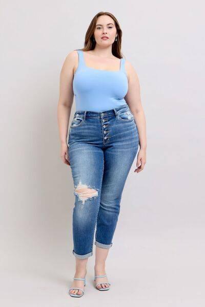 Judy Blue Full Size Button Fly Distressed Jeans with Pockets Plus Size - Clothes For Her Online Store