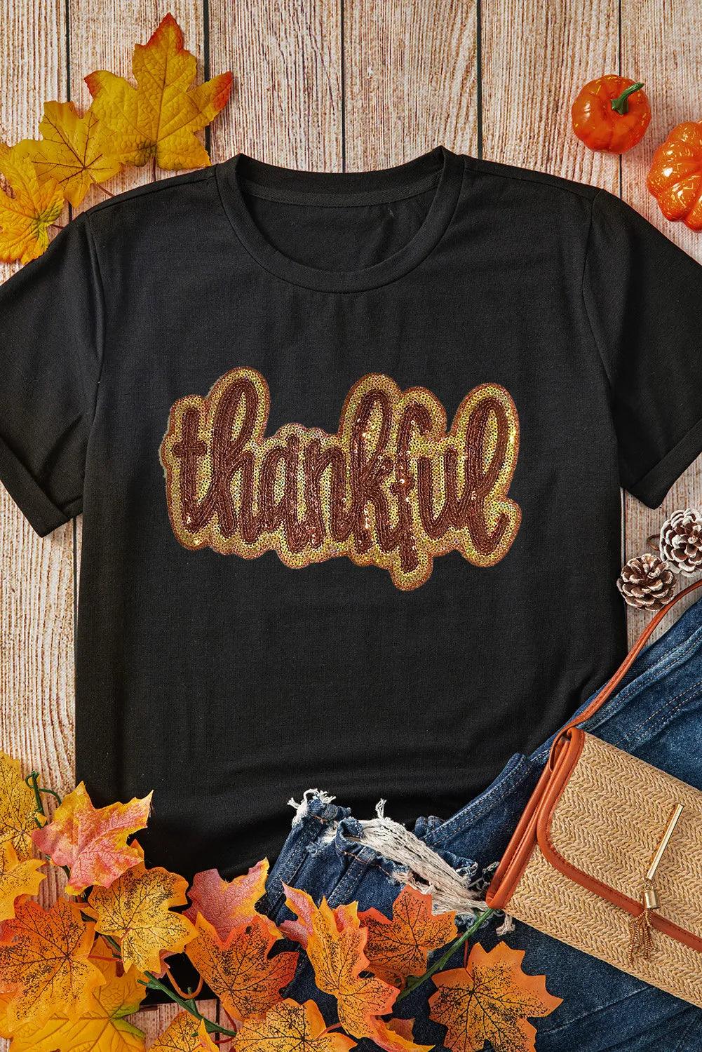THANKFUL Sequin Round Neck Short Sleeve T-Shirt - Clothes For Her Online Store