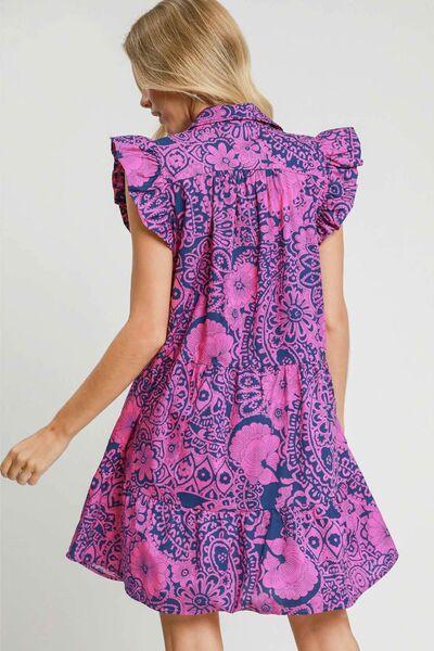 Umgee Full Size Printed Ruffle Cap Sleeve Babydoll Dress Plus Size - Clothes For Her Online Store