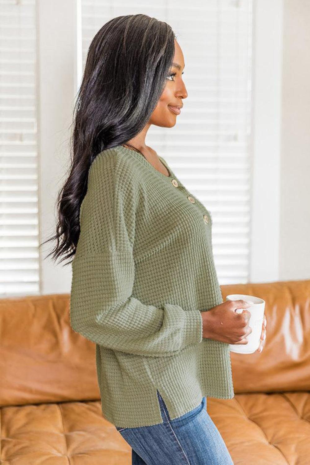 Slit Waffle Knit Long Sleeve T-Shirt - Clothes For Her Online Store