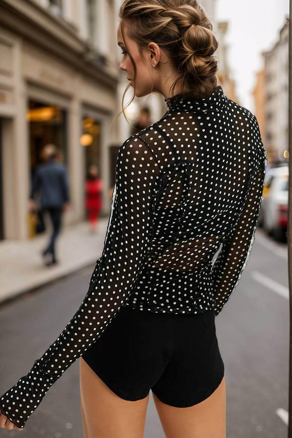 Oh Full Size Frill Printed Mock Neck Long Sleeve Top - Clothes For Her Online Store