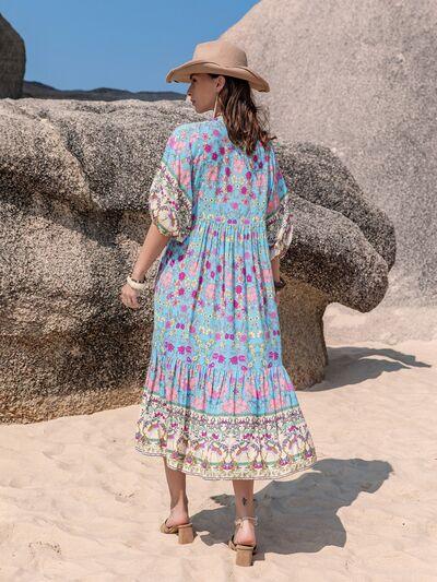 Printed Puff Sleeve Ruched Midi Dress - Clothes For Her Online Store