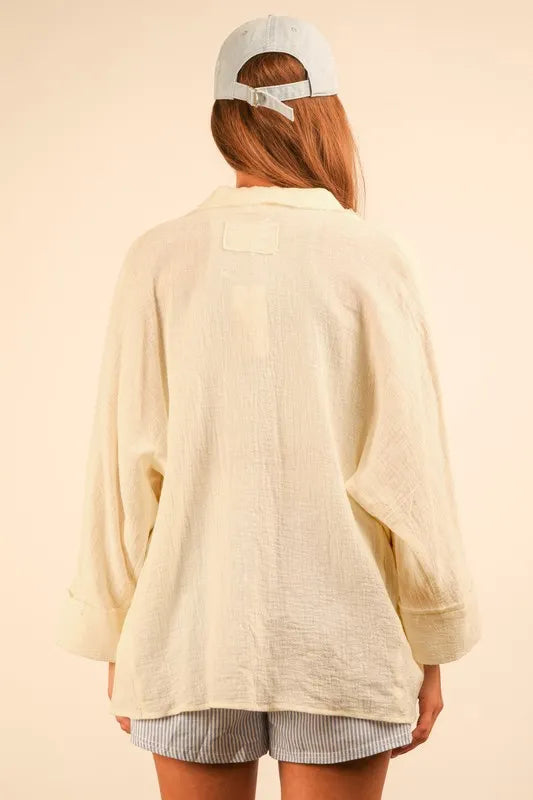 VERY J Full Size Dolman Sleeve Button Down Gauze Shirt Plus Size